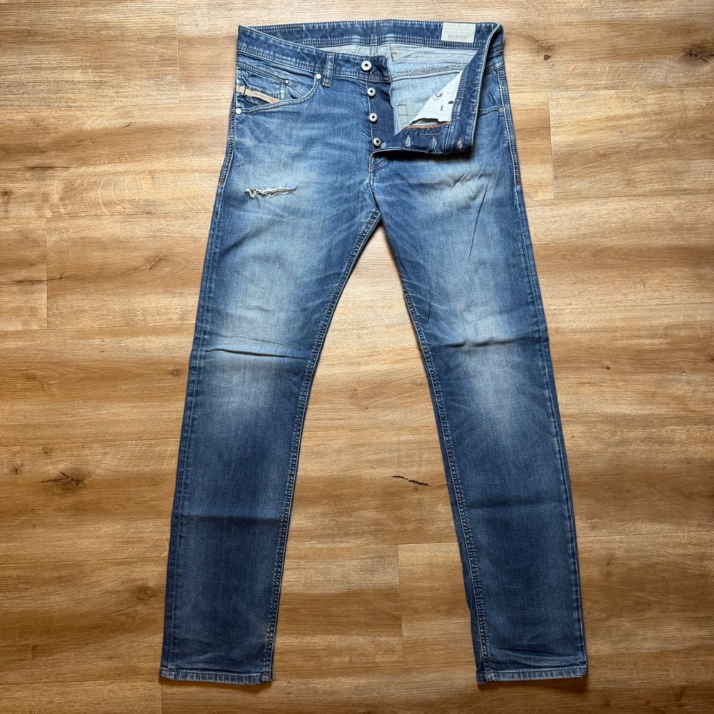 Diesel Belther Jeans Mens 32x32 Blue Slim Tapered Stretch Distressed Wash 0853R